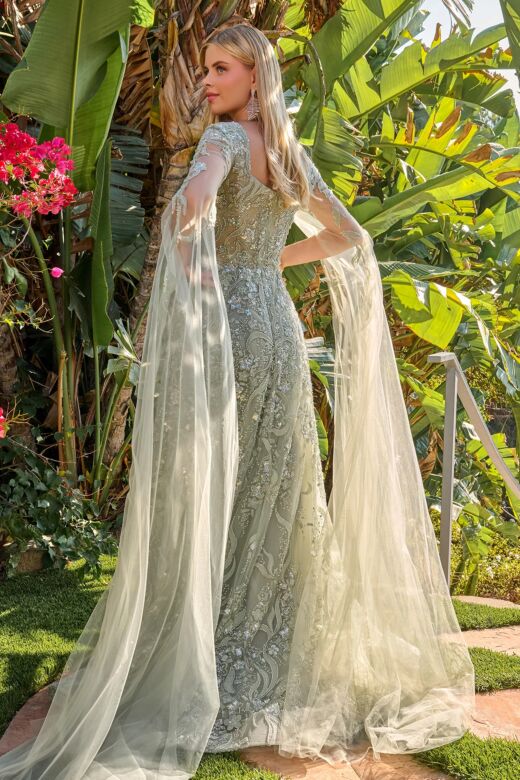 GLS by Gloria GL3838 Illusion Cape Sleeve Sage Green Dress