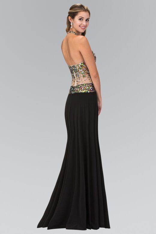 Elizabeth K GL1070 Jeweled Top Drop Waist Halter Neck Dress