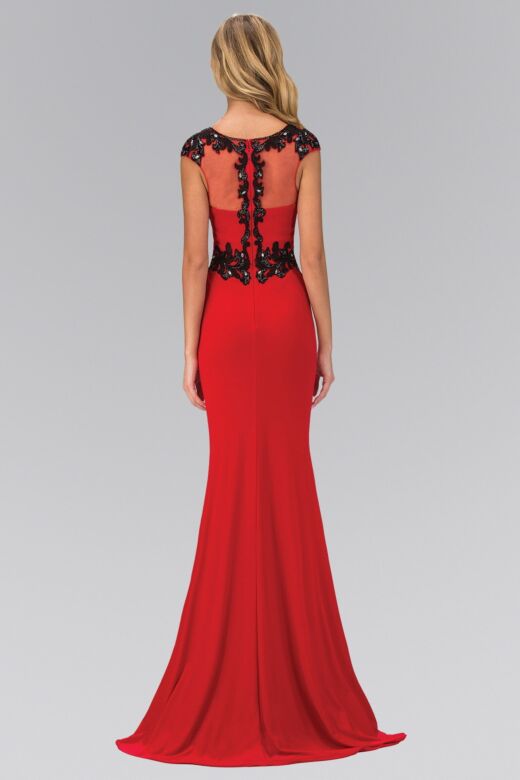 Elizabeth K GL1380 Illusion Back Cap Sleeve Embellished Dress