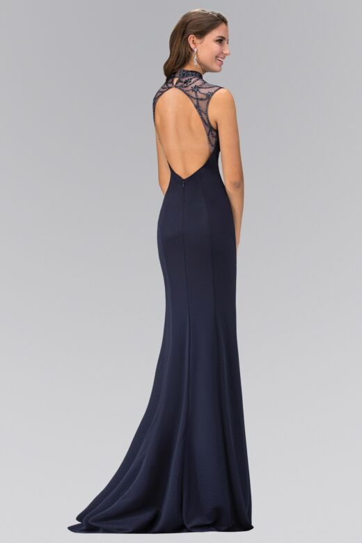 Elizabeth K GL1383 Cutout Back High Neck Embellished Dress