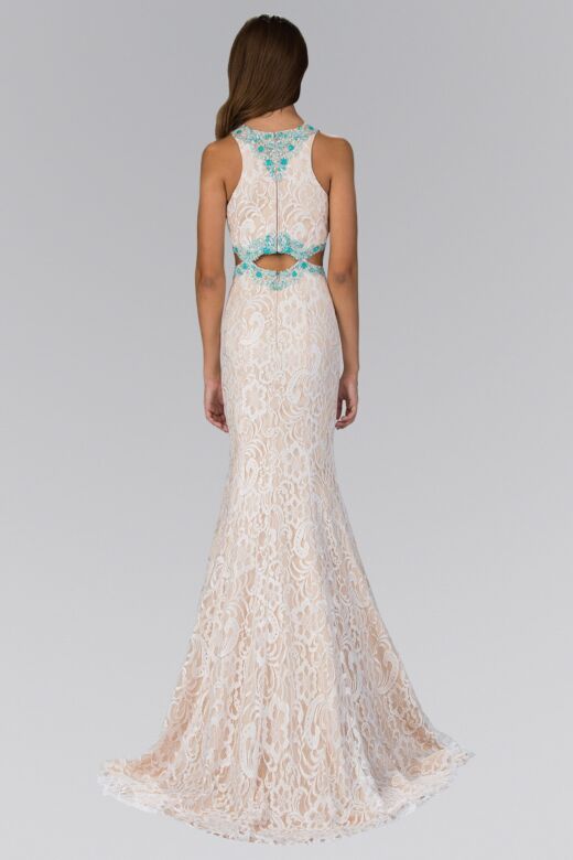 Elizabeth K GL1403 Cutout Waist Jewel Neckline Lace Dress
