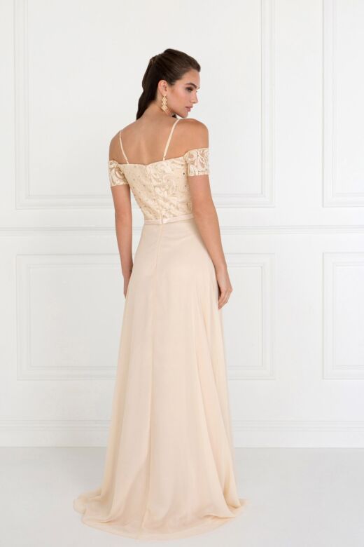 Elizabeth K GL1521 Lace Bodice Cold Shoulder Dress