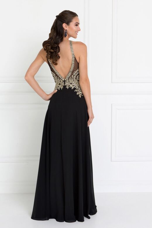 Elizabeth K GL1526 V-Neck Embroidered Bodice A-Line Dress