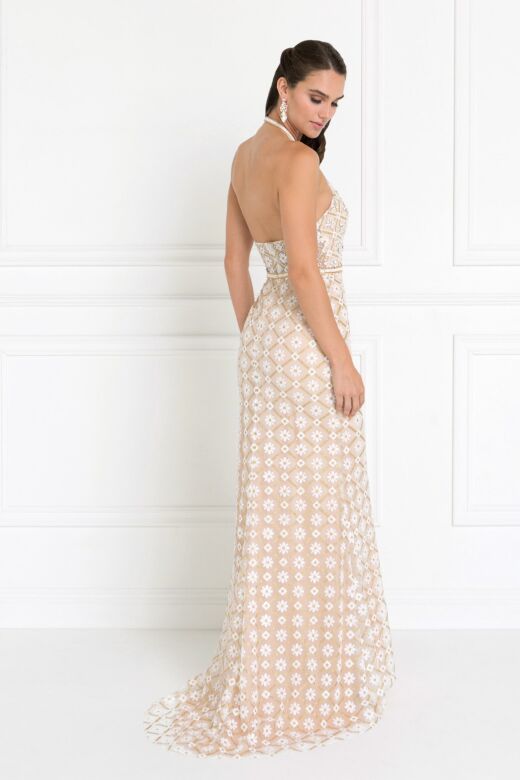 Elizabeth K GL1548 Bare Back Halter Neck Floral Dress