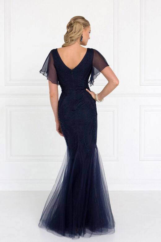 Elizabeth K GL1576 Flutter Sleeves Embroidered V-Neck Dress