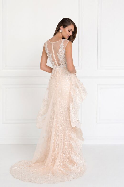 Elizabeth K GL1584 Sheer Bateau Neck Ruffle Peplum Bridal Gown