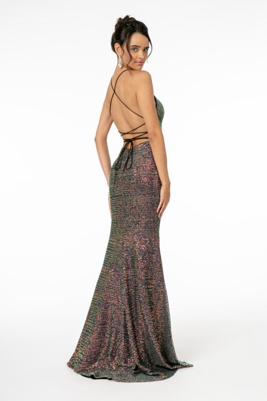 Elizabeth K GL1812 Halter Strap Lace-Up Sequin Dress
