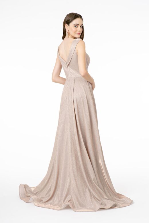 Elizabeth K GL1817 Collar Neckline Pleated Skirt Glitter Dress