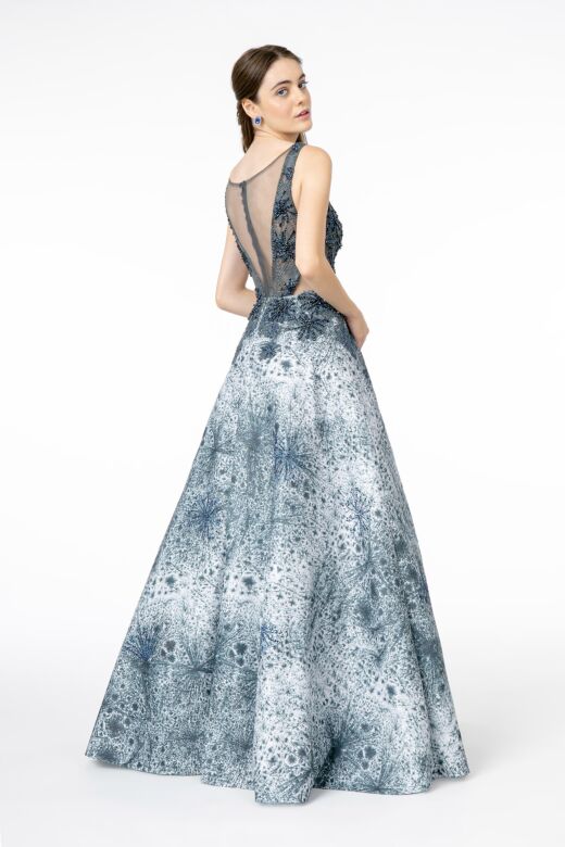 GLS by Gloria GL1837 Sheer Back Plunging Neck Embellished Dress