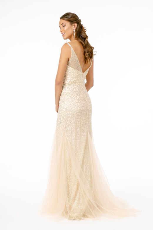 GLS by Gloria GL1842 Godet Skirt Plunging Neck Glitter Dress