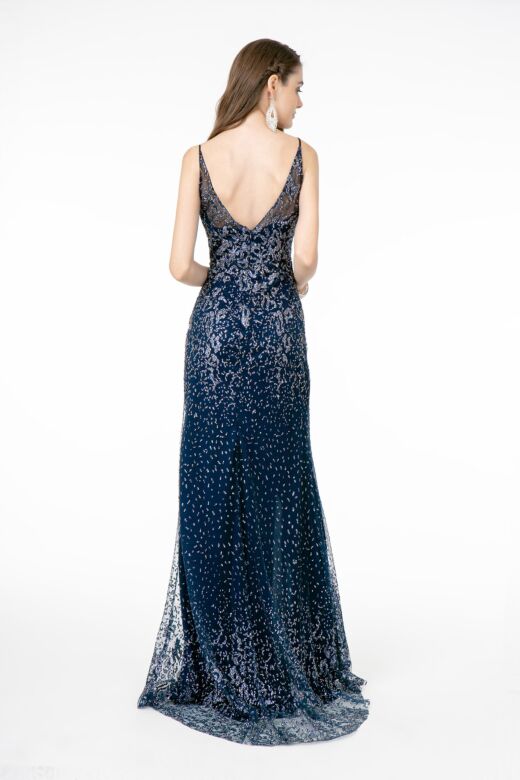 Elizabeth K GL1844 Crossover Skirt Plunging Neck Glitter Dress