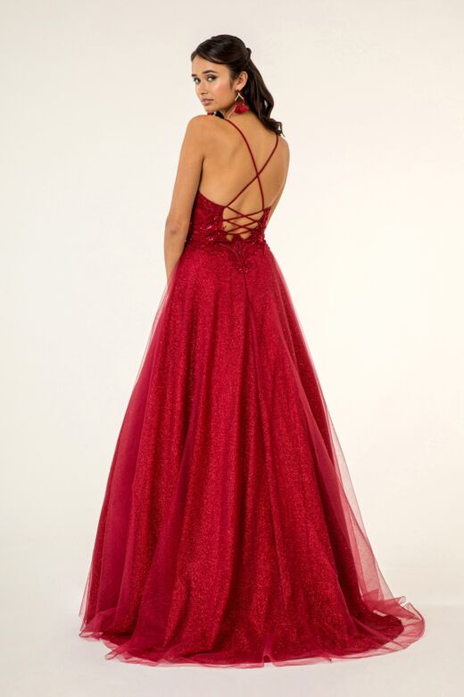 Elizabeth K GL1917 Embroidered Top Lace-Up Glitter Dress