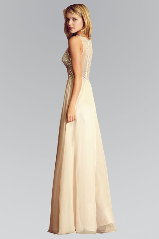 Elizabeth K GL2093 Illusion Top Bateau Neck Embellished Dress