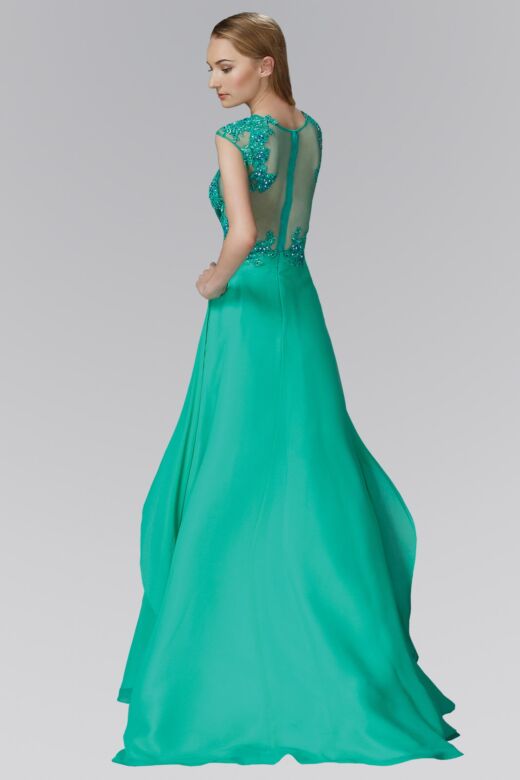 Elizabeth K GL2108 Cap Sleeve Lace Top Sheer Back Dress