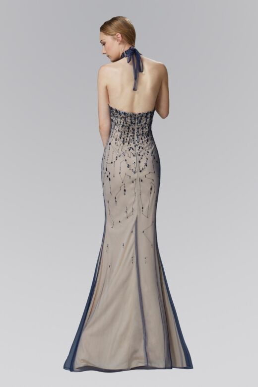 Elizabeth K GL2147 High Slit Tie Halter Embellished Dress