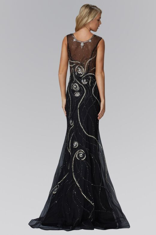 Elizabeth K GL2149 Illusion Neckline Beaded Embroidery Dress