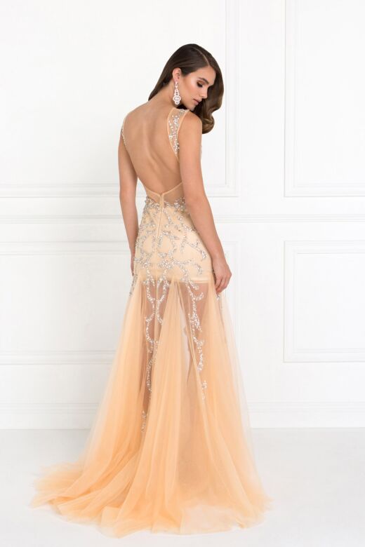 Elizabeth K GL2153 Godet Skirt Beaded Illusion Dress