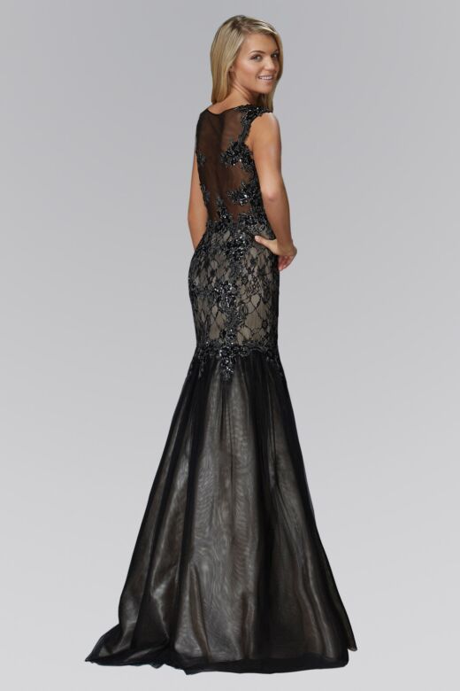 Elizabeth K GL2162 Bateau Neckline Lace Top Trumpet Dress