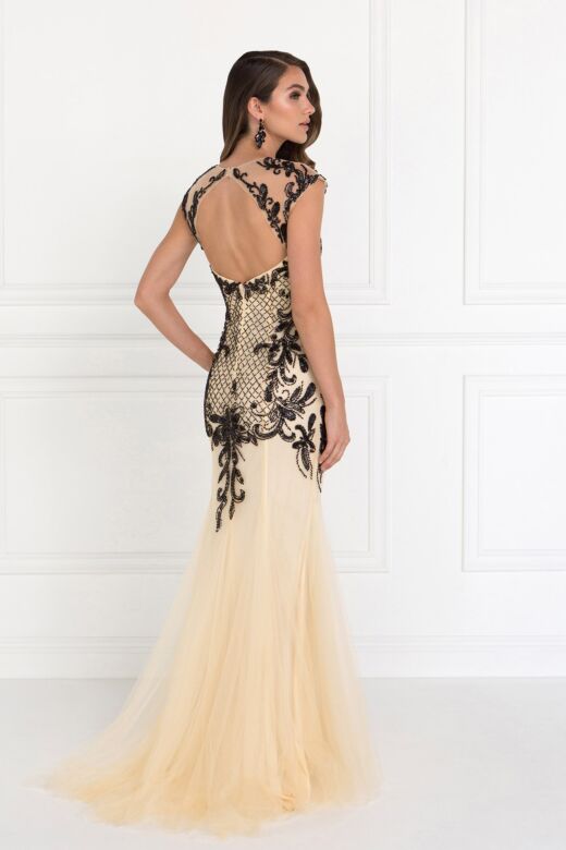 Elizabeth K GL2169 Cutout Back Cap Sleeve Embellished Dress