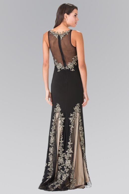 Elizabeth K GL2204 Sheer Back Godet Skirt Dress