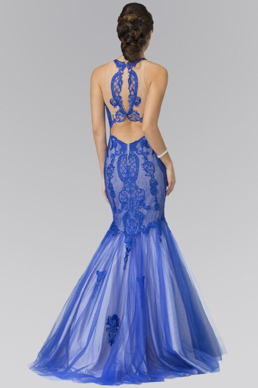 Elizabeth K GL2219 Illusion Back Lace Bodice Trumpet Dress