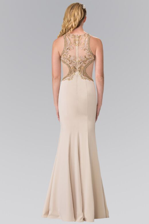 Elizabeth K GL2237 Embellished Top Illusion Back High Neck Dress