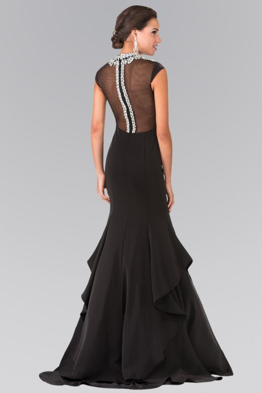 Elizabeth K GL2242 Beaded Neckline Illusion Back Dress