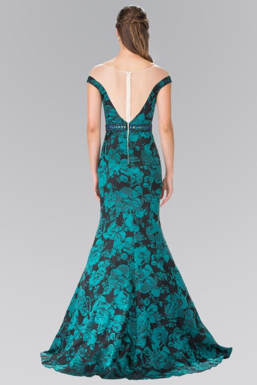 Elizabeth K GL2245 Illusion Neckline Floral Print Dress