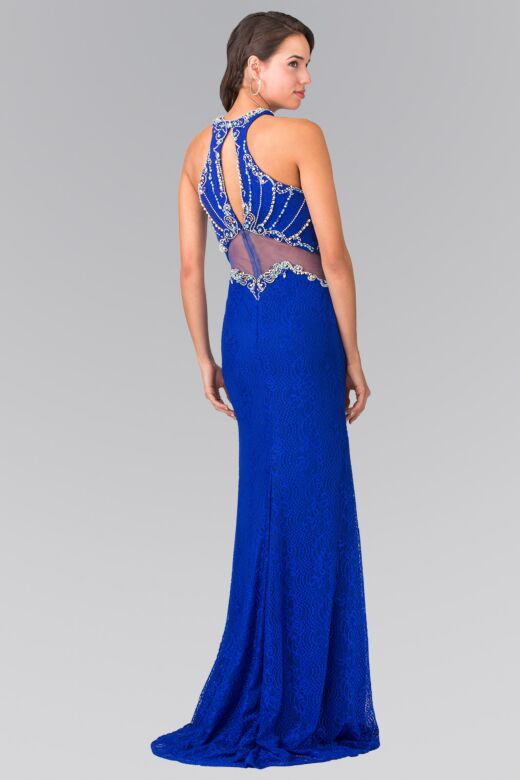 Elizabeth K GL2275 Illusion Waist Halter Neck Lace Dress