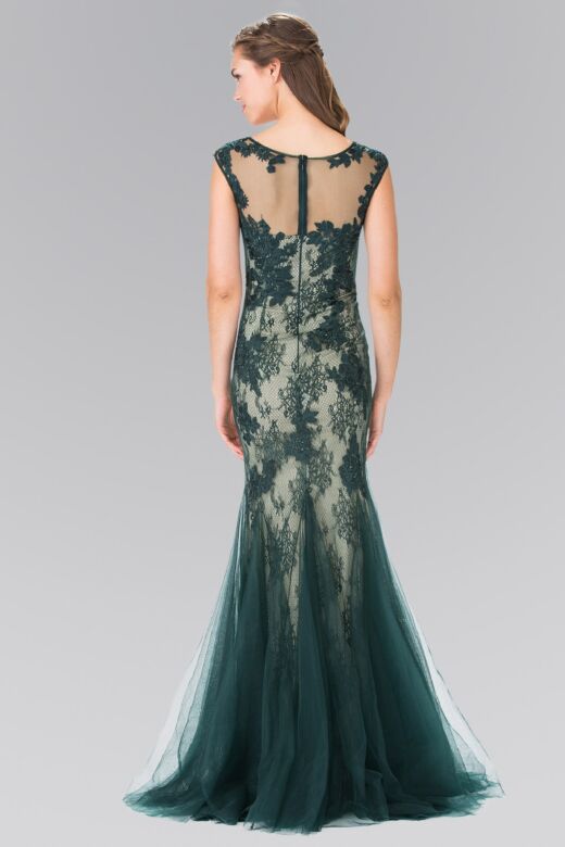 Elizabeth K GL2276 Sheer Neck Godet Skirt Lace Dress