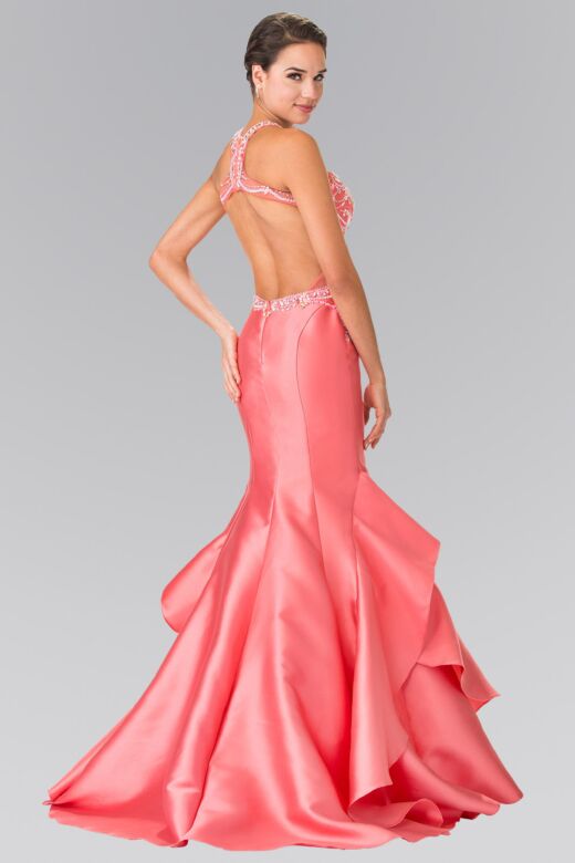 Elizabeth K GL2357 Ruffle Skirt Cutout Back Embellished Dress