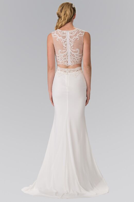 Elizabeth K GL2373 Lace Top Slit Skirt 2 Piece Dress