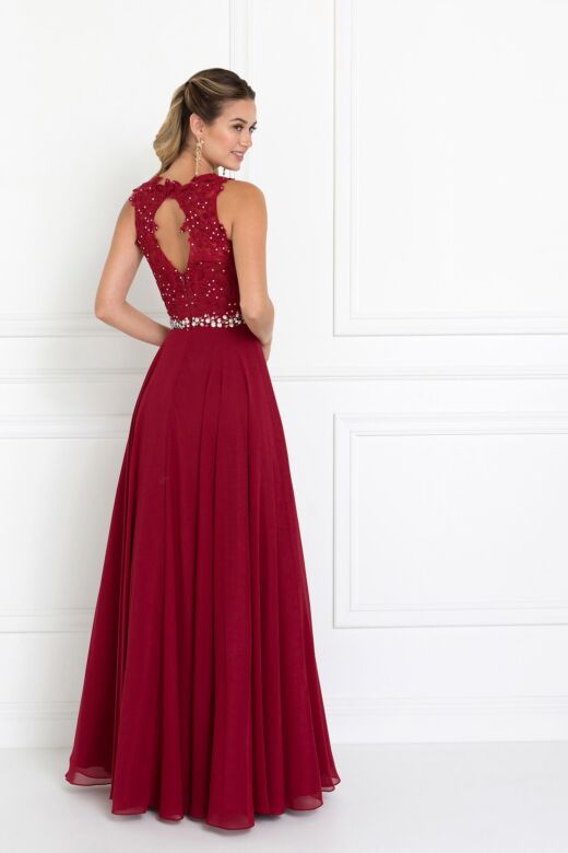 Elizabeth K GL2417 Cutout Back Beaded Waist A-Line Dress