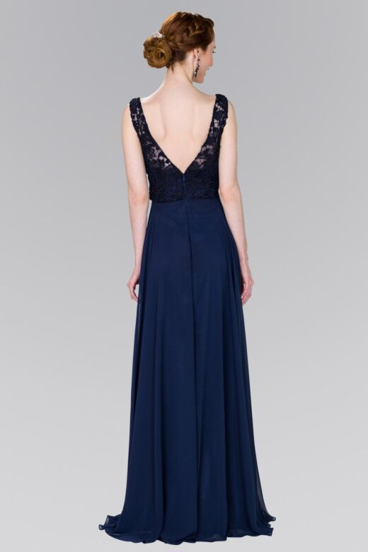 Elizabeth K GL2420 Open V-Back Lace Bodice Dress