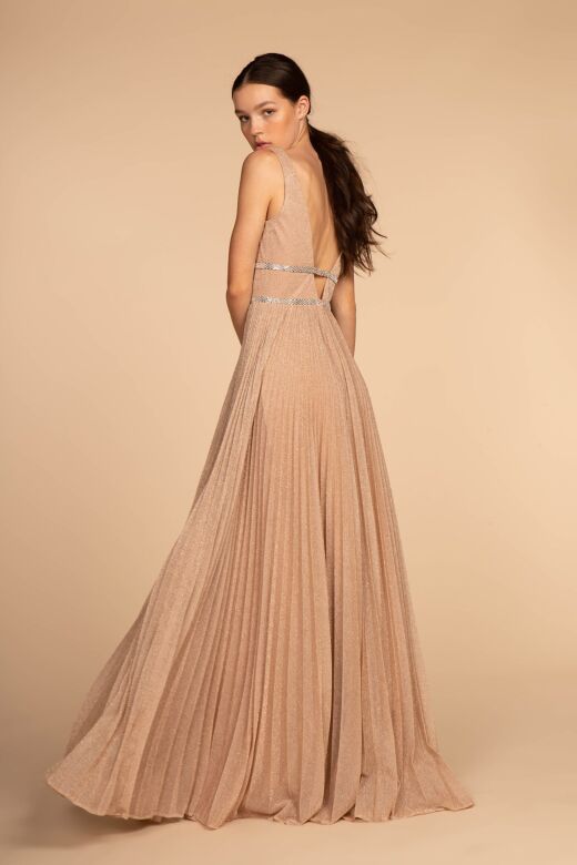 Elizabeth K GL2501 Double Belt Pleated Skirt Metallic Dress