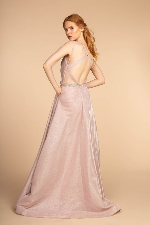 Elizabeth K GL2504 Strappy Back Plunging Neck Sparkly Dress
