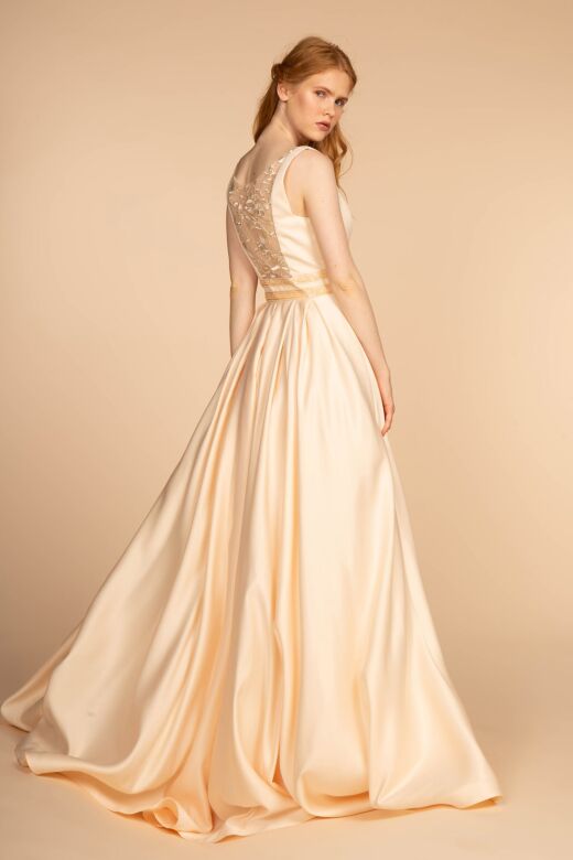 Elizabeth K GL2531 Illusion Back Pleated A-Line Satin Dress