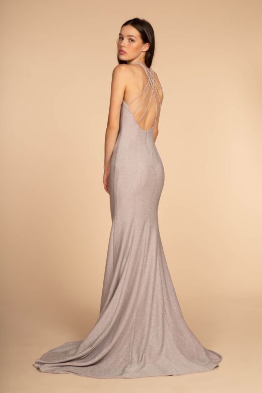 Elizabeth K GL2549 Strappy Back Plunging Neck Glitter Dress