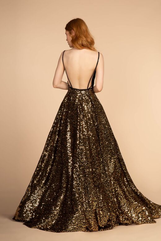 Elizabeth K GL2581 Plunging Neckline Backless Sequin Dress