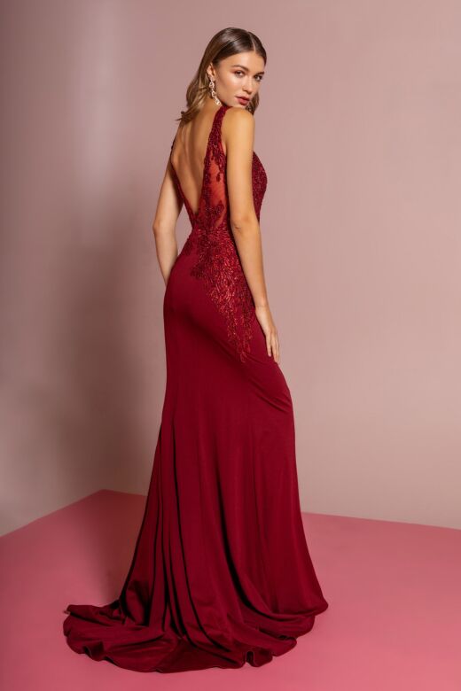 Elizabeth K GL2614 Illusion Plunging Neck V-Back Dress
