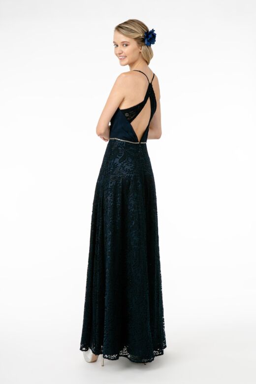 Elizabeth K GL2667 Lace Skirt Cutout Back Ruched Top Dress