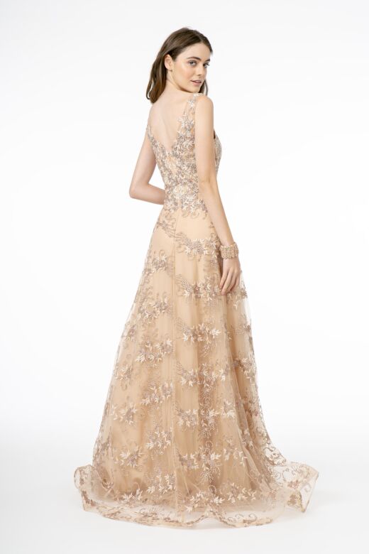 GLS by Gloria GL2884 V-Neck Floral A-Line Embroidered Dress
