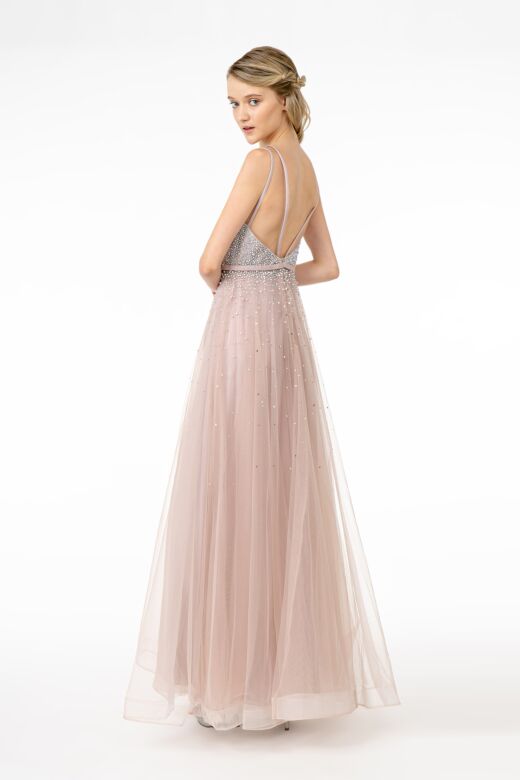 Elizabeth K GL2892 Strappy Back Plunging Neck Embellished Dress