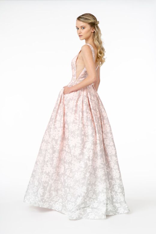 Elizabeth K GL2897 Plunging Neckline Floral Ombre Dress