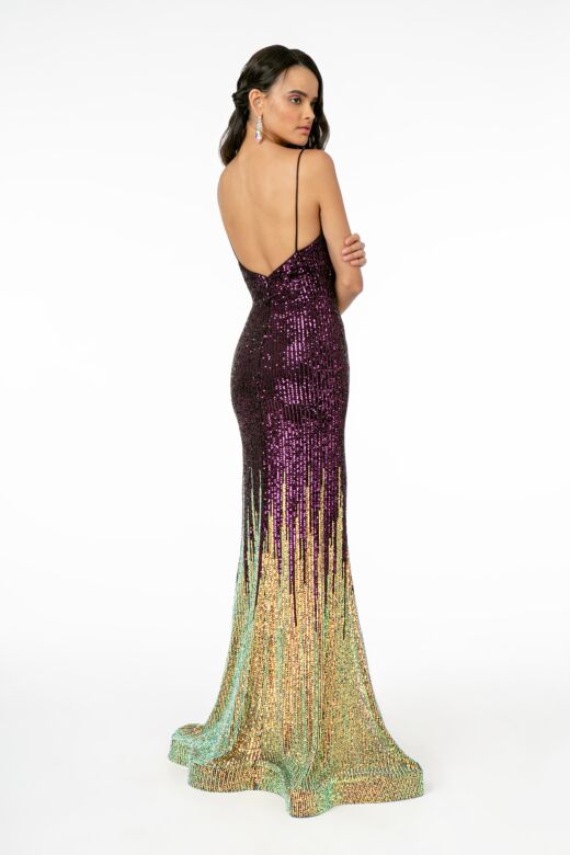 Elizabeth K GL2899 Plunging Neckline Ombre Sequin Dress