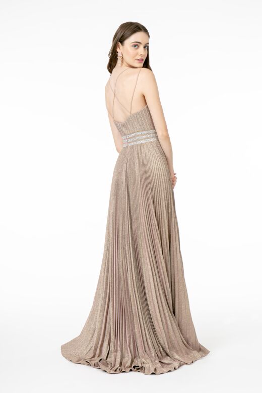 Elizabeth K GL2905 Beaded Waist Plunging Neck Pleated Metallic Dress