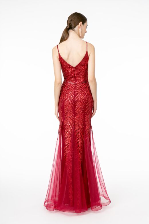 Elizabeth K GL2939 Godet Skirt Plunging Neck Glitter Dress