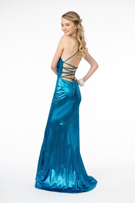 Elizabeth K GL2943 Lace-Up Back Draped Metallic Dress