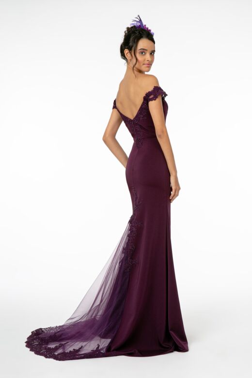 Elizabeth K GL2958 Off-The-Shoulder Cutaway Sheer Train Dress