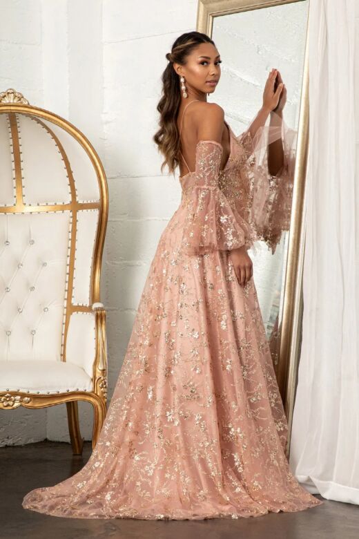 GLS by Gloria GL3002 Detached Sleeves Floral Glitter Dress